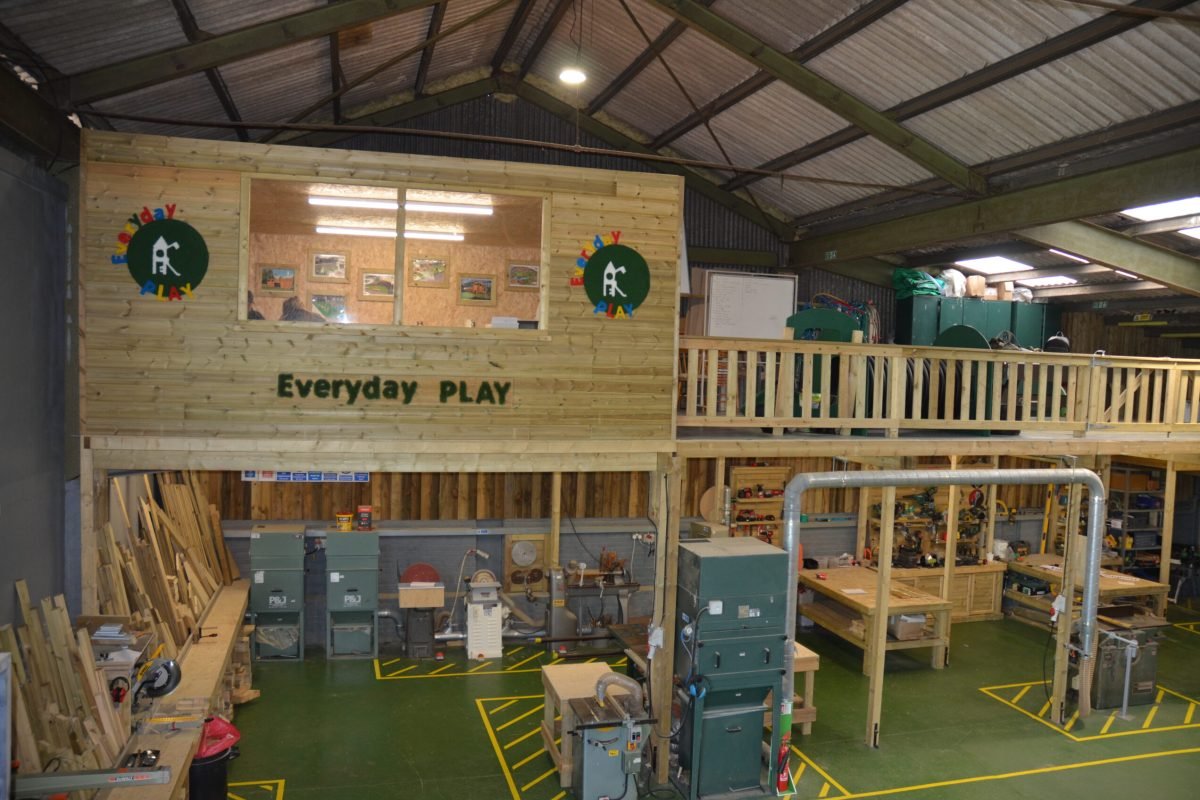Playground equipment yard photo showing UK-built playground equipment in the workshop, ready for installation.